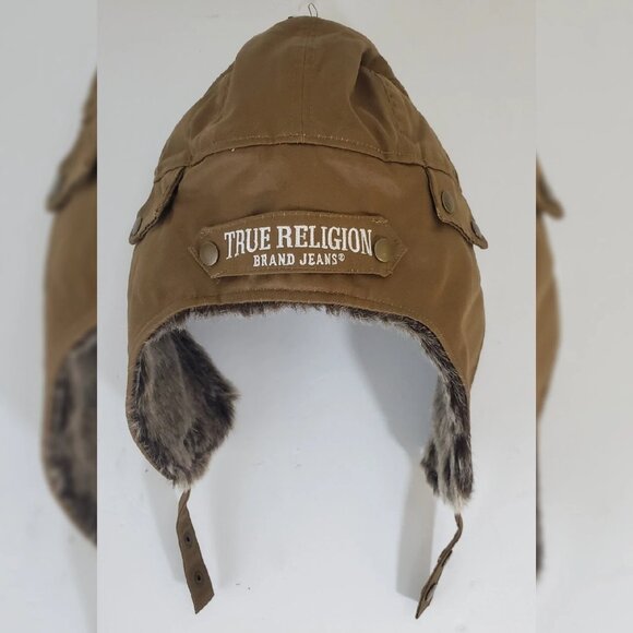 TRUE RELIGION FAUX FUR TRAPPER AVIATOR HAT STITCHED WITH PATCH ICONIC LOGO BROWN - Picture 3 of 6